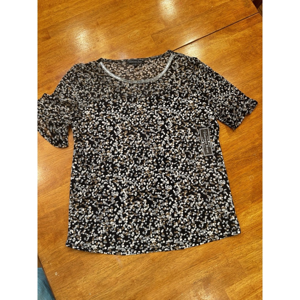 NWT Vintage Rose Blouse Short Sleeve Rhinestone Neck Confetti Print Black Size L
